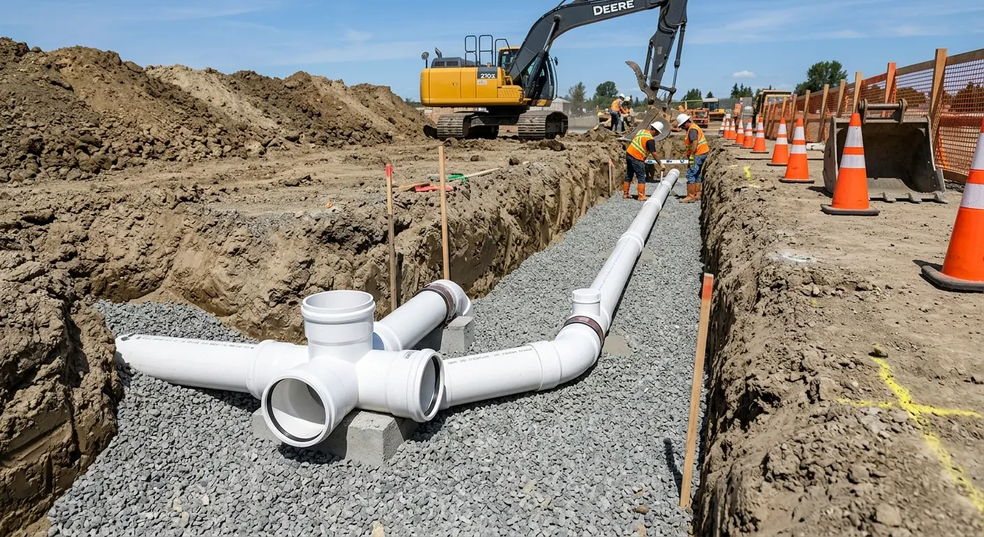 New PVC sewer pipe installation in open trench for Commercial Drain Cleaning in Tuckahoe