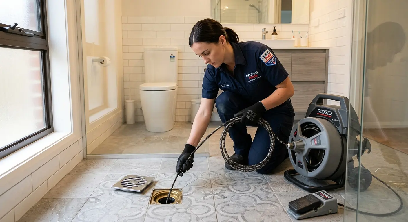 Technician clearing a bathroom floor drain for Sewer Line Replacement in Tuckahoe
